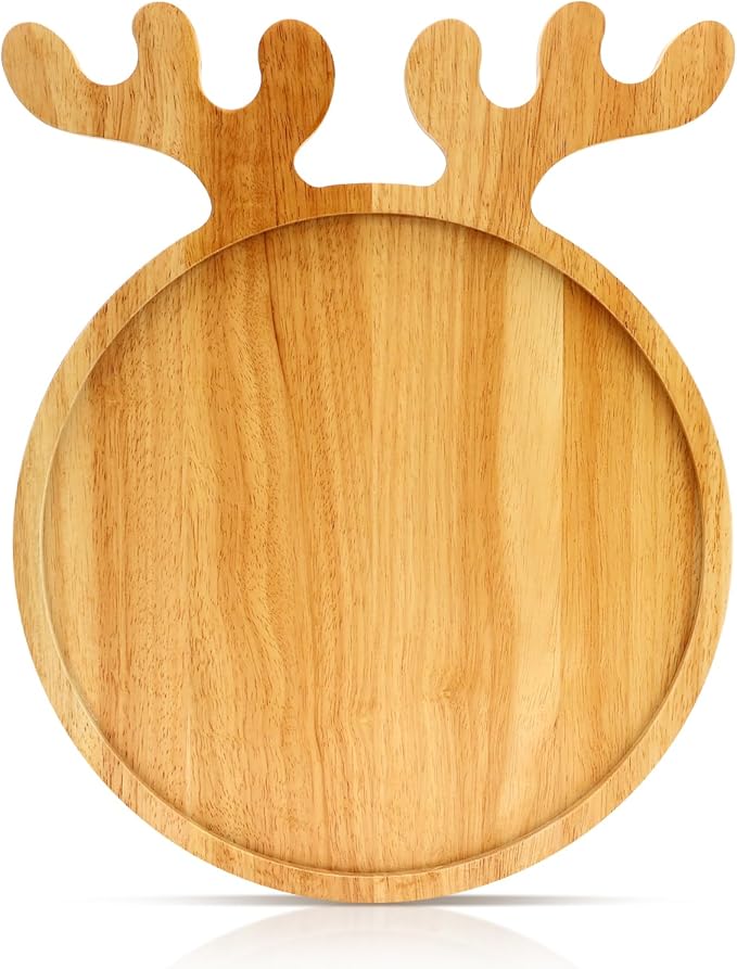 Small Wood Christmas Decor Tray 6" Round Plate MIni Wooden Xmas Cookies Trays Cheese Charcuterie Board Snack Plates for Christmas Holiday Decorations Serving Dish Decorative Dessert Appetizer Platter