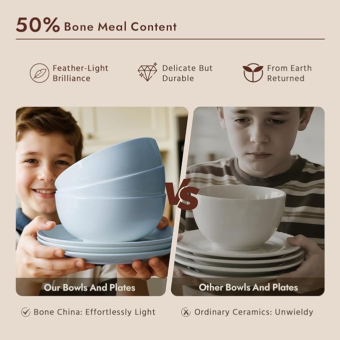 KINGSTONE Bone China Dinnerware Sets, 24-Piece Dinnerware Set for 8, Lightweight Durable, Dishwasher Safe, Tableware for Daily Use with Elegant Design, Blue