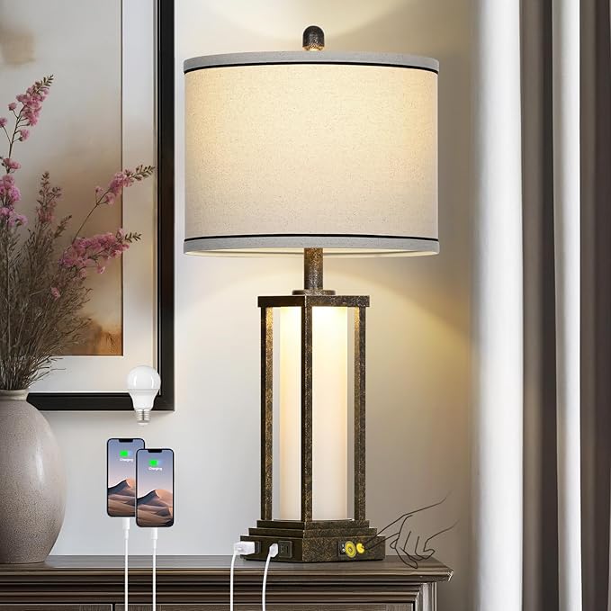 27" Tall Vintage Table Lamp with USB C+A & Outlet,Bronze Industrial End Table Lamp for Living Room,Farmhouse Rustic Bedside Lamp with Frosted Glass Night Light for Bedroom Nightstand,Bronze-1P