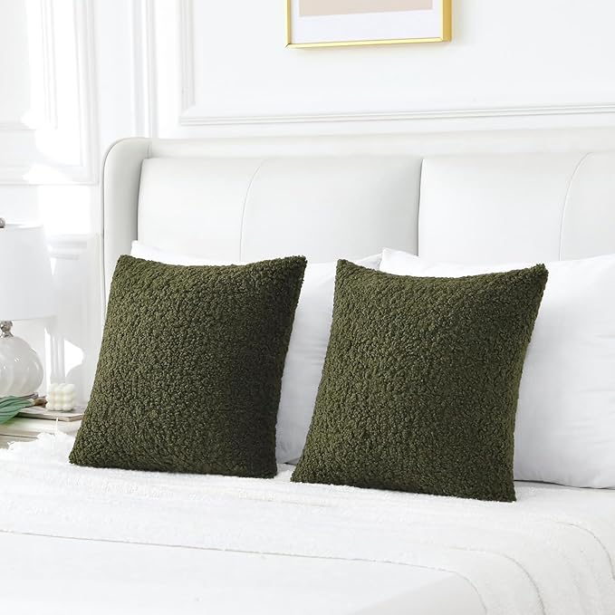 FUTEI Olive Green Throw Pillow Covers 22x22 Inch Set of 2,Furry Faux Fur Teddy Boucle Textured Cushion Covers,Soft Fluffy Decorative Pillow Case,Home Decor for Couch Bed Living Room Office Car