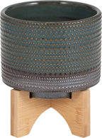 Sagebrook Home Ceramic Planter with Bamboo Wood Stand - Decorative Stoneware Pot for Indoor & Outdoor Plants - Modern Home & Garden Decor - 8" Green