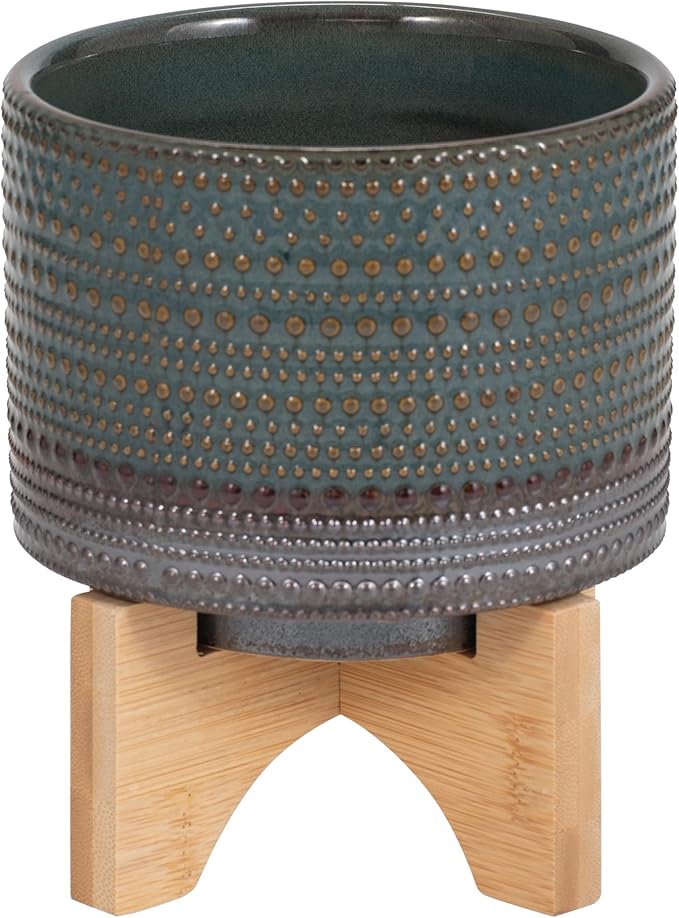 Sagebrook Home Ceramic Planter with Bamboo Wood Stand - Decorative Stoneware Pot for Indoor & Outdoor Plants - Modern Home & Garden Decor - 8" Green