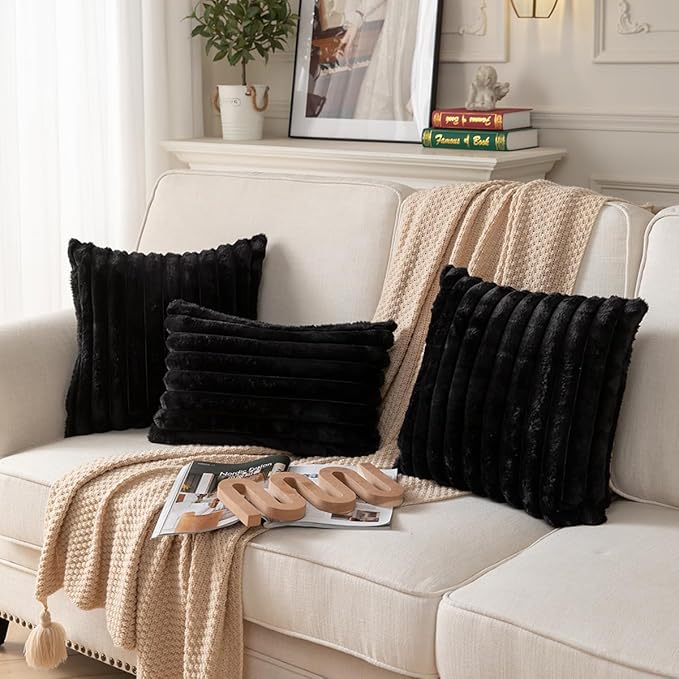 DEELAND Pack of 2,Double-Sided Faux Fur Plush Decorative Throw Pillow Covers Fuzzy Striped Soft Pillowcase Cushion Covers for Sofa Couch Bedroom Black 24x24 inch