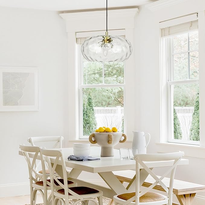 Large Glass Pendant Lighting, 14" Hammered Lampshade Hanging Lamp, 3-Light Brass Gold Chandelier for Dining Living Room Kitchen Island (Clear Glass Shade, 14 Inches)