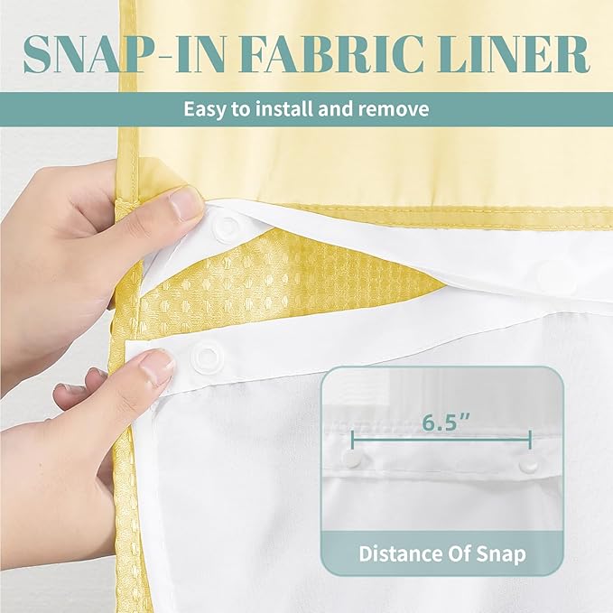 Yellow No Hook Waffle Weave Shower Curtain with snap-in Liner Replacement, 230GSM Waterproof Fabric Hotel Shower Curtain Set for Bathroom, Through Mesh Top Window,71Wx74H
