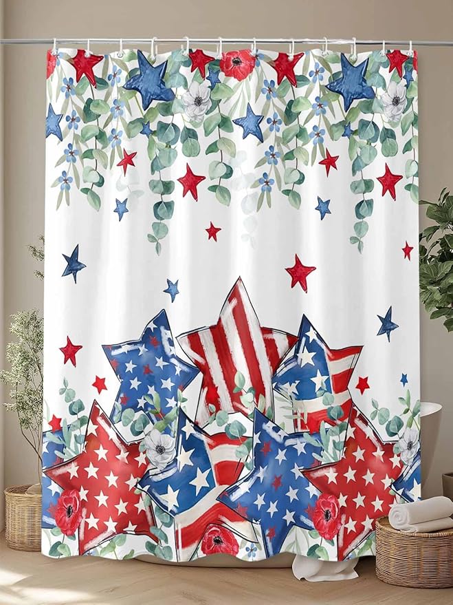 4th of July Shower Curtain, Patriotic Stars Stripes Shower Curtains Set with Hooks, Eucalyptus Leaves Independence Day Waterproof Fabric Bathroom Curtains Decor Accessories, Stall Long 36 X 78 Inch