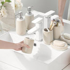 vancasso Ceramic Bathroom Accessories Set 4 Piece, Soap Dispenser with Stainless Steel Pump, Toothbrush Holder, Tumbler and Soap Dish, Modern Relief Design, Bathroom Decor Organizer, Beige-White