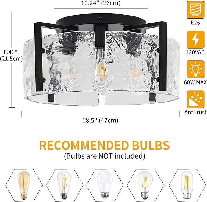 18.5'' Modern Black Semi Flush Mount Ceiling Light, Entryway Light Fixture, 4-Light Glass Ceiling Lights for Hallway Foyer Kitchen Island Dining Room Bedroom Living Room Lighting Fixtures, UL-Listed