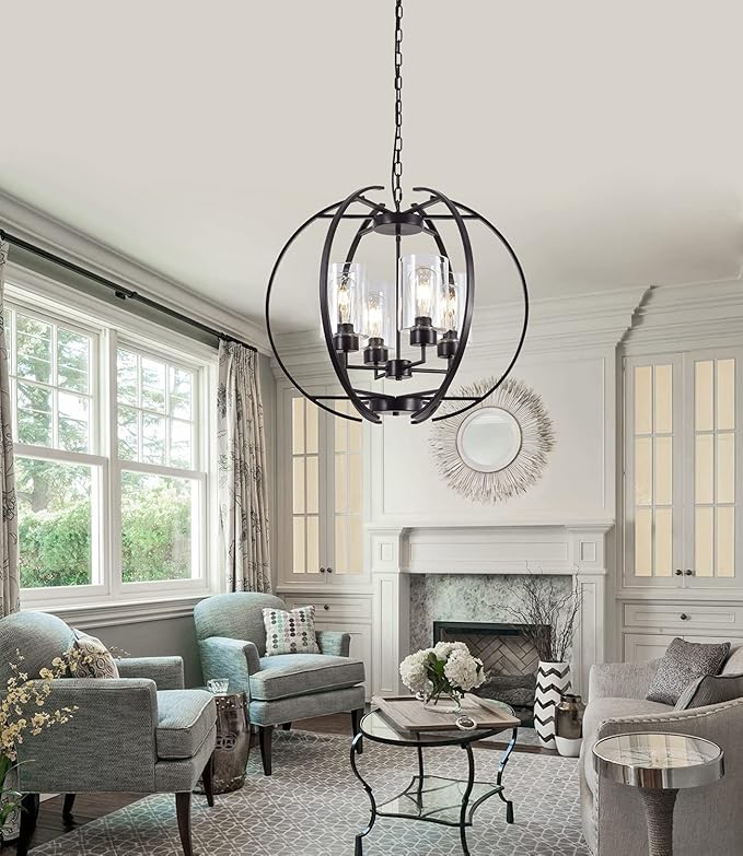 24" Globe Black Chandelier Dining Room Light Fixture Farmhouse Glass Chandeliers Vintage Bedroom Kitchen Island Pendant Lighting Industrial Metal Ceiling Hanging Fixture