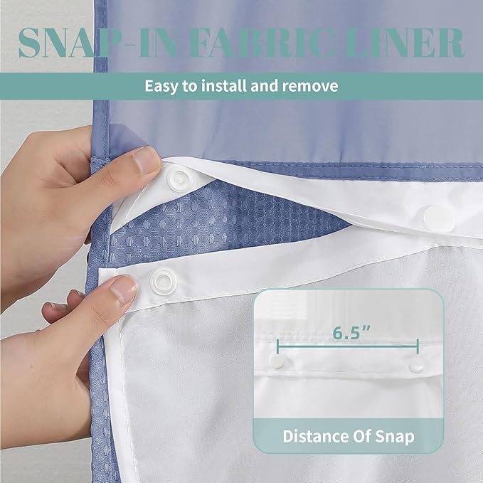 MoonLightBlue Extra Long No Hook Waffle Weave Shower Curtain with snap-in Liner Replacement, 230GSM Waterproof Fabric Hotel Shower Curtain Set for Bathroom, Through Mesh Top Window,71Wx86H