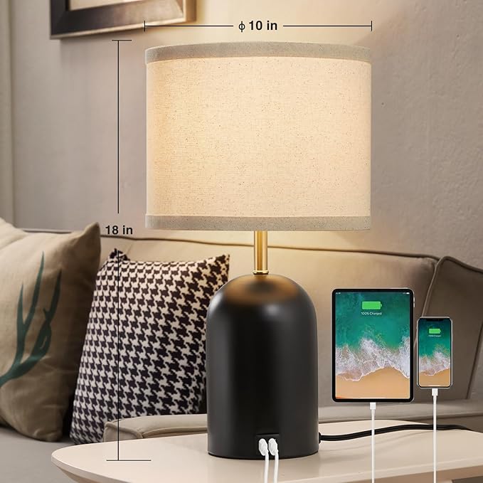 Touch Control Table Lamps Set of 2, Modern Bedside Lamp with 2 USB Ports, 3-Way Dimmable Gold and Black Nightstand Lamp with Fabric Shade for Living Room Bedroom Office Dorm(LED Bulbs Included)