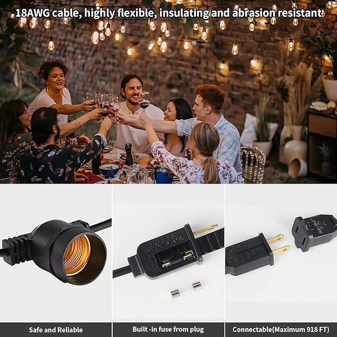 S14 LED 48FT Outdoor String Lights, IP65 Waterproof 48FT Outside Patio Lights, Edison Shatterproof Bulb Vintage Backyard Light, Balcony, Deck, Garden Light