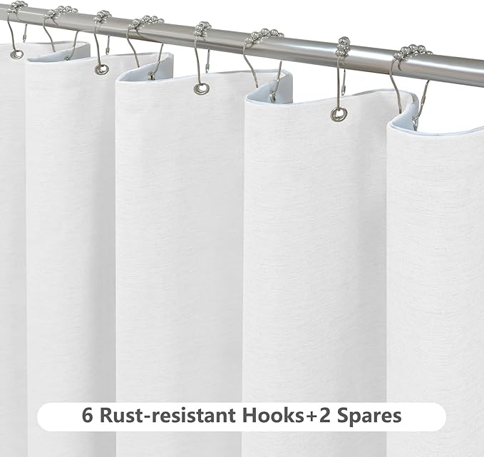 Inhousolu Boho Farmhouse Shower Curtain with Fabric Liner Set, Faux Linen Textured, 8 Metal Hooks Luxury Weighted Hem, Washable Wrinkle Free Bath Curtain for Hotel Bathroom 36" W x 72" L White