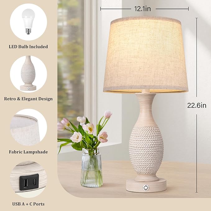 Seealle 22.6" Bedside Lamps Set of 2 with USB C+A - Dimmable Touch Lamps for Night Stands Bedroom Living Room End Table(Bulbs Included)