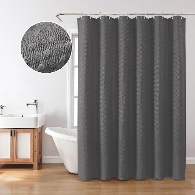 Inhousolu Fabric Shower Curtain Waffle Weave, Graphite Grey 230 GSM Heavy Duty, Weighted Hem, 14 Metal Hooks, Water Repellent, Machine Washable, Hotel Spa Luxury Bath Curtain Set, 72 x 84 Inch