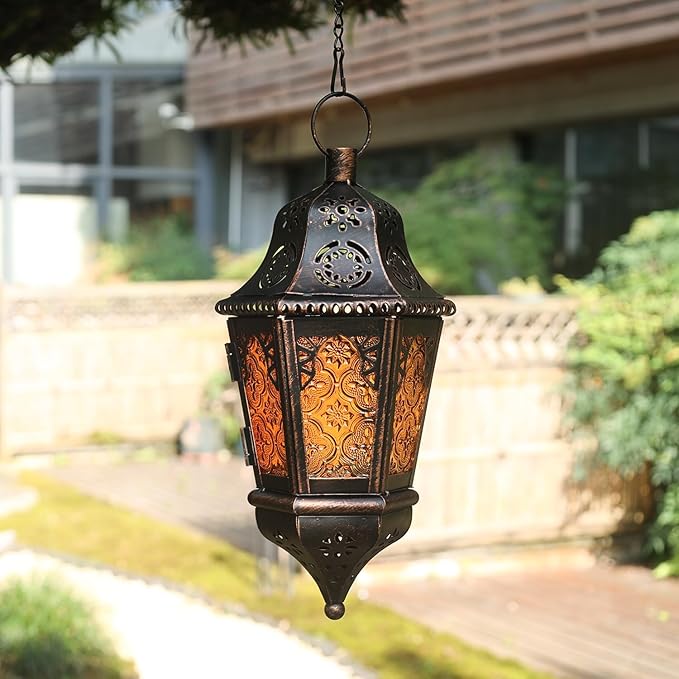 DECORKEY Moroccan Lantern Decorative Indoor & Outdoor, 13.6’’ Vintage Decorative Hanging Lanterns with Chian for Home Porch Patio Decor, Metal Ramadan Christmas Candle Holder Decorations (Amber)