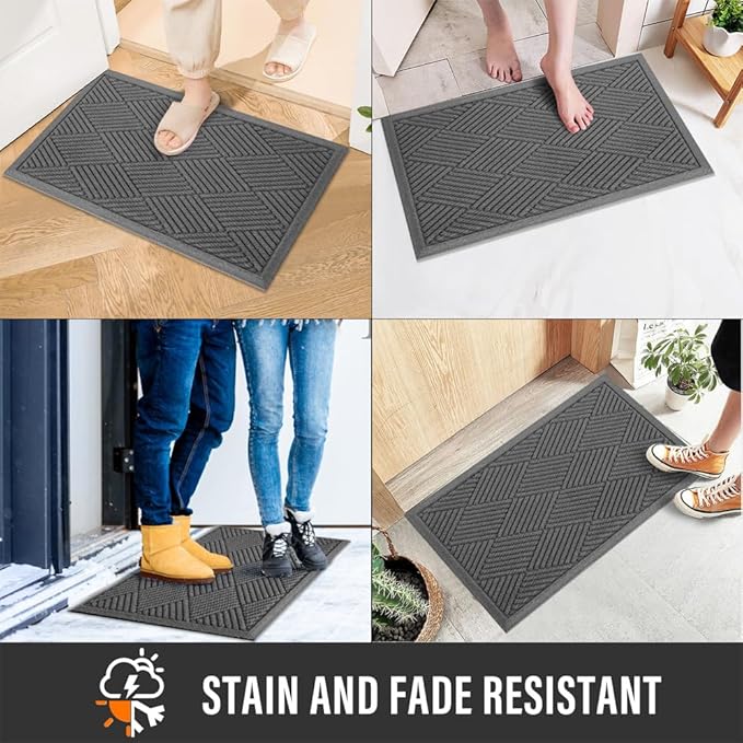 Sturdy Front Door Mat, Absorbent Muddy Dirt Resist Welcome Door Mats Outdoor Indoor, Stain and Fade Resistant, Non-Slip Rubber Backing Low Profile Doormat for Entryway, 30×17, Charcoal