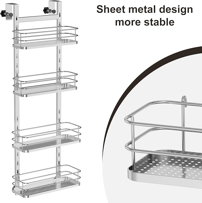 Orimade Adjustable Hanging Over the Shower Door Caddy,Bathroom Organizer Shelf Storage with 4 Hooks for Razor,No Drilling Rustproof Shower Rack Basket, 4 Tier, Silver