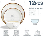 ONEMORE Plates and Bowls Set, Dinnerware Sets for 4, Porcelain Kitchen Dishes Set 12pcs, Scratch Resistant, Modern Aesthetic Dishware Sets- Microwave & Dishwasher Oven Safe,Farmhouse Style Cream White