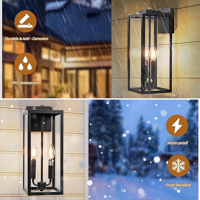 Outdoor Sconce Light for House 16 Inch Large, Two Candle Light Outdoor Light Fixture Exterior Lighting Lantern for Front Porch IP65 Waterproof Outside Wall Mounted Lamp, E12