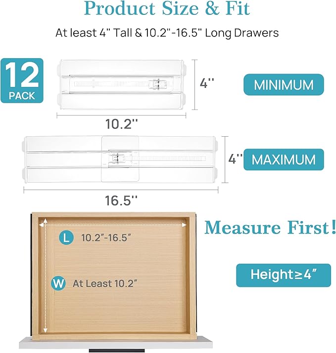 Vtopmart 12 Pack Drawer Dividers for Clothes, 4" High 10.2"-16.5" Adjustable Expandable Dresser Drawer Organizer, Clear Plastic Separators for Dresser, Baby Clothing, Underwear, Cosmetic, Toiletries