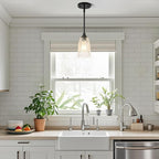 Glass Pendant Lights Kitchen Island, 1-Light Modern Black Pendant Light Fixtures with Hammered Clear Glass and Rods, Farmhouse Mini Hanging Light for Kitchen Sink Dining Room Bedroom, E26