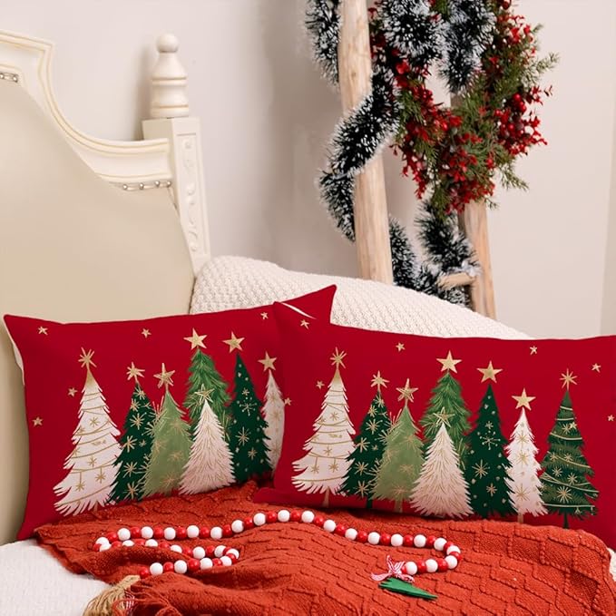 AACORS Christmas Pillow Covers 12X20 Set of 2,Watercolor Christmas Tree Stars Decoration Holiday Farmhouse Winter Pillow Case for Sofa Couch Decor（Red） AA231-12-2