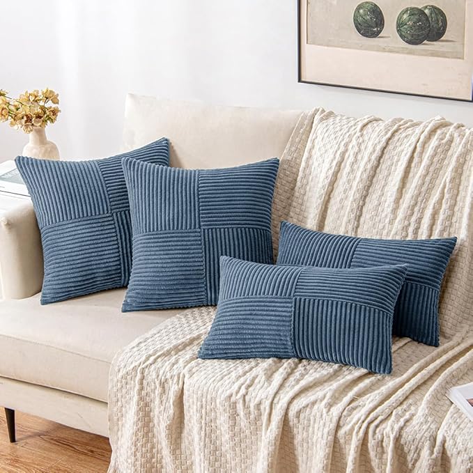 MIULEE Blue Corduroy Pillow Covers Pack of 2 Boho Decorative Spliced Throw Pillow Covers Soft Solid Couch Pillowcases Cross Patchwork Textured Cushion Covers for Living Room Bed Sofa 24x24 inch