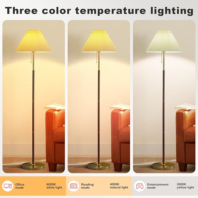Pleated Lampshade Floor Lamp for Living Room Corners Bedrooms Bedside Offices Farmhouse, Golden Base, Bright 12W Tri Color Dimming Reading Light, Modern Cute Unique Retro Standing lamp