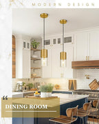 2-Pack Pendant Lights Kitchen Island, Brushed Gold Shade Hanging Lights Fixtures with Cylinder Clear Glass, Brass Kitchen Pendant Lighting Over Island for Dining Room, AD-24023-1P2-GD