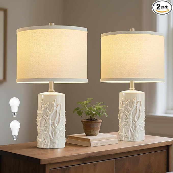 Luvkczc Modern Ceramic Table Lamps Set of 2 for Living Room White Desk Lamps for Bedroom Decor Farmhouse Table Lamp nightstand lamp for Office Dorm