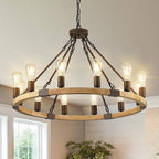Farmhouse Wagon Wheel Chandelier 31" Wooden Rustic Light Fixtures 12-Light Wood Round Chandelier for Dining Room Living Room Entryway Foyer