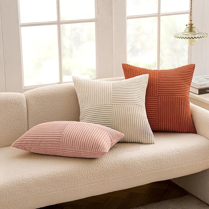 MIULEE Pink Corduroy Pillow Covers Pack of 2 Boho Decorative Spliced Throw Pillow Covers Soft Solid Couch Pillowcases Cross Patchwork Cushion Covers for Living Room Bed Sofa 12x20 inch Valentines Day