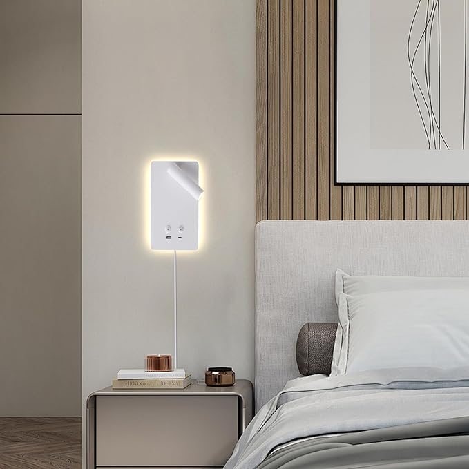 MOLUOLA LED Wall Lamp Wall Mounted Reading Lights, Adjustable Headboard Plug in Wall Sconce with USB C+A Ports, Headboard Bedside Lamp with 9W+3W Night Light 3000K (White)