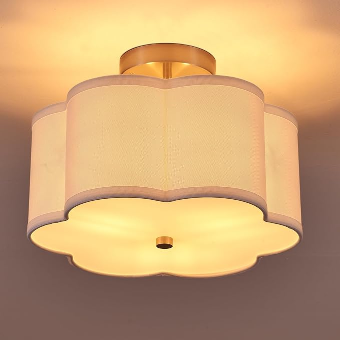 Modern Drum Semi Flush Mount Ceiling Light Fixture Modern 3-Lights Linen Drum Ceiling Lighting with Chrome Finish, Vintage Modern Ceiling Light for Laundry Room, Kitchen, Basement, Bedroom