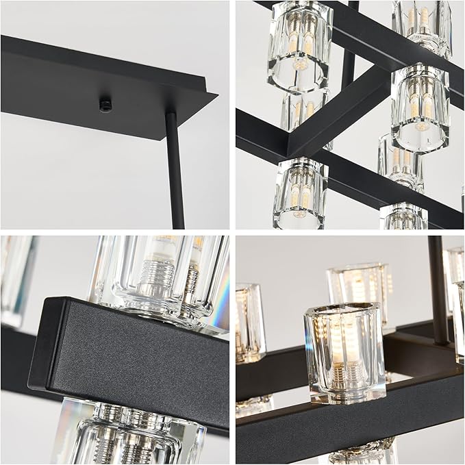 Black Linear Chandelier, 39 Inch 28-Lights Modern Kitchen Island Dining Room Over Table Light Fixture, Industrial Farmhouse Large Pendant Lighting with Crystal Shade