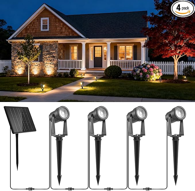 ZYAN Solar Landscape Spotlights Outdoor, Auto On/Off & IP65 Waterproof, 6W Solar & USB-C Powered 2700K Warm White LED Spot Lights for Garden, Pathway, Tree, Yard (4 Pack)