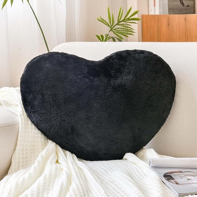 Black Heart Pillows, Cute Heart Decorative Pillow, Heart Shaped Throw Pillows for Bed, Faux Rabbit Fur Plush Hoom Decor Pillow Cushion for Chair Sofa Living Room (Mini 12.9" x 9.8")