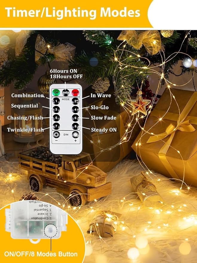 4 Pack Each 33FT 100LED Fairy Lights Battery Operated with Remote, Waterproof Twinkle Lights with Timer, Cuttable String Light Indoor & Outdoor for Bedroom Classroom Wedding DIY Christmas (Warm White)