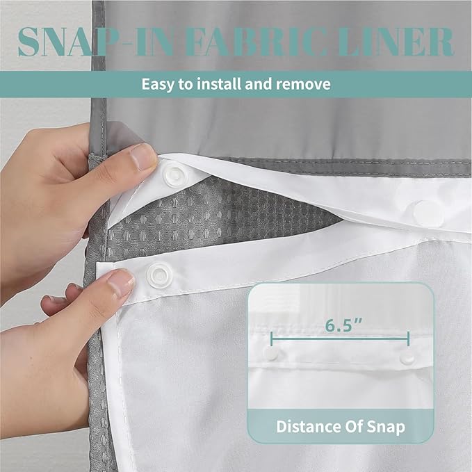 Grey No Hook Waffle Weave Shower Curtain with snap-in Liner Replacement, 230GSM Waterproof Fabric Hotel Shower Curtain Set for Bathroom, Through Mesh Top Window,36Wx74H