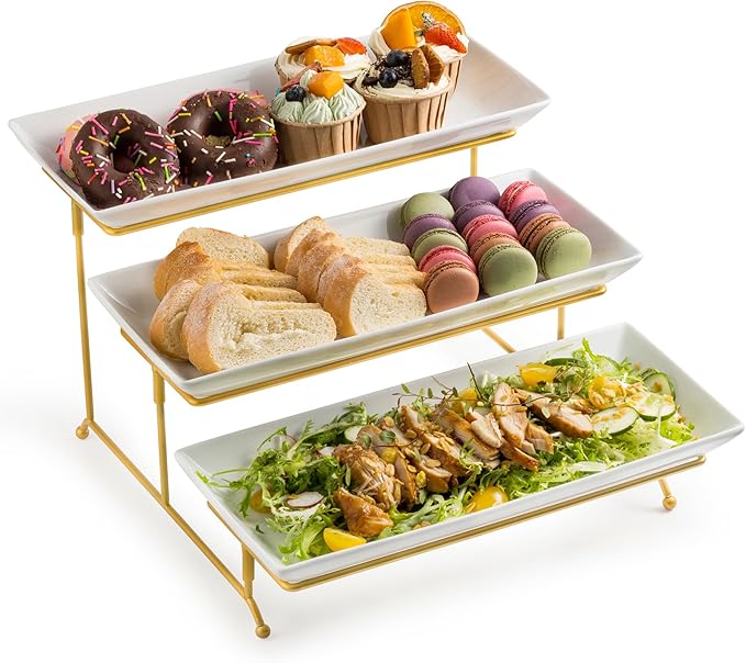 LYEOBOH 3 Tier Serving Stand and Platters Set Large Tiered Serving Platters with Collapsible Sturdier Rack 14 Inches Tiered Serving Tray for Appetizer Fruit, Dessert and Cupcake, White