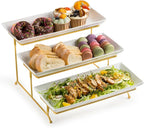 LYEOBOH 3 Tier Serving Stand and Platters Set Large Tiered Serving Platters with Collapsible Sturdier Rack 14 Inches Tiered Serving Tray for Appetizer Fruit, Dessert and Cupcake, White