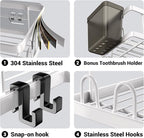 Shower Caddy Corner Organizer Shelf: 2Pack Adhesive Shower Shelf Essentials Accessories - No Drilling Stainless Steel Bathroom Storage Rack with Hooks and Toothpaste Holder
