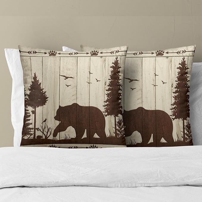 Bear Throw Pillow Covers Set of 2, 20x20 in Wild Animal Mountain Wood Cabin Cotton Square Throw Pillow Case Decorative Cushion Cover Pillowcase Sofa Camper