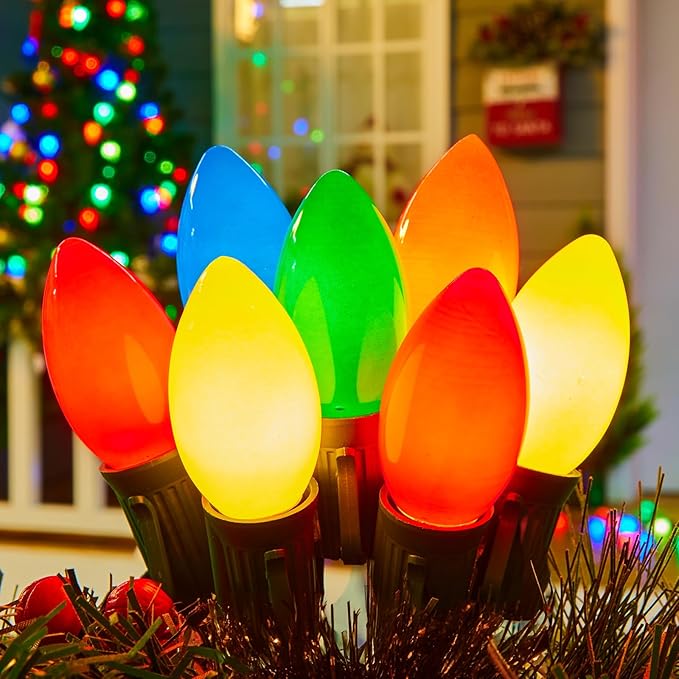 C9 Christmas Lights Outdoor Multicolor, 50 FT Vintage C9 Christmas String Lights for Christma Holiday Indoor Room Roofline Backyard Garden Patio Home Xmas Decor, E17 Base, Green Wire