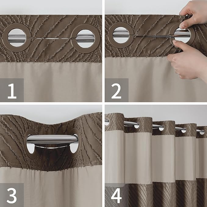 no Hook Shower Curtain and Liner Set，Boho Style with See Through Top Window, Brown Fabric Tufted Striped Textured Outer Curtain & Waterproof Inner Liner, Brown, 71Wx98H