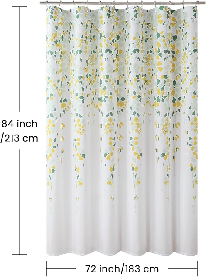 Extra Long Fabric Shower Curtain, Yellow and Sage Green Floral Shower Curtains for Bathroom, Waterproof Bathroom Curtains, 72" W x 84" H
