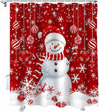 Vandarllin Christmas Shower Curtain, Snowman Shower Curtains Set with Hooks, Snowflake Red Christmas Balls Waterproof Bathroom Curtains Xmas Holiday Decor Home Accessories,66 X 72 Inch Long