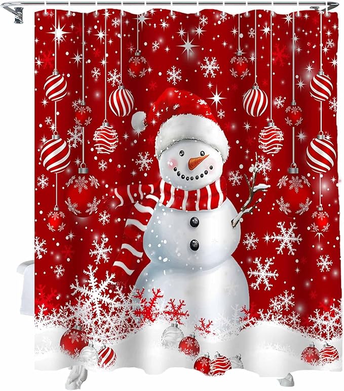 Vandarllin Christmas Shower Curtain, Snowman Shower Curtains Set with Hooks, Snowflake Red Christmas Balls Waterproof Bathroom Curtains Xmas Holiday Decor Home Accessories,72 X 96 Inch Extra Long