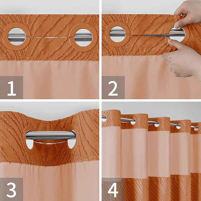 no Hook Shower Curtain and Liner Set，Boho Style with See Through Top Window, BurntOrange Fabric Tufted Striped Textured Outer Curtain & Waterproof Inner Liner, Orange, 71Wx77H